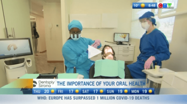 CTV News segment showing dental professionals treating a patient, with the headline "The Importance of Your Oral Health